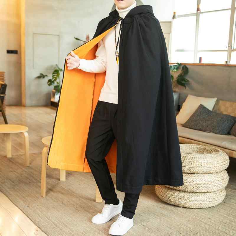 メンズ 冬 ロング ウインドブレーカー 裏起毛 暖かい マント 衣装 綿 リネン フード マント トップス 服