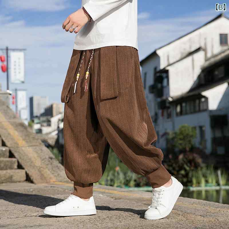 メンズ パンツ 秋冬 麦穂 柄 コーデュロイ 中華風 ムササビ ぽっちゃり 大きいサイズ サルエル