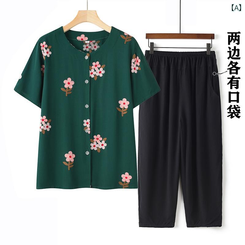 婦人服 セットアップ 高齢 母 春夏 綿麻 二点 セット 半袖 おばあちゃん 服 上下セット ゆったり ラクちん Tシャツ ズボン トップス ボトムス パンツ ウエストゴム 大きめサイズ 花 刺繍