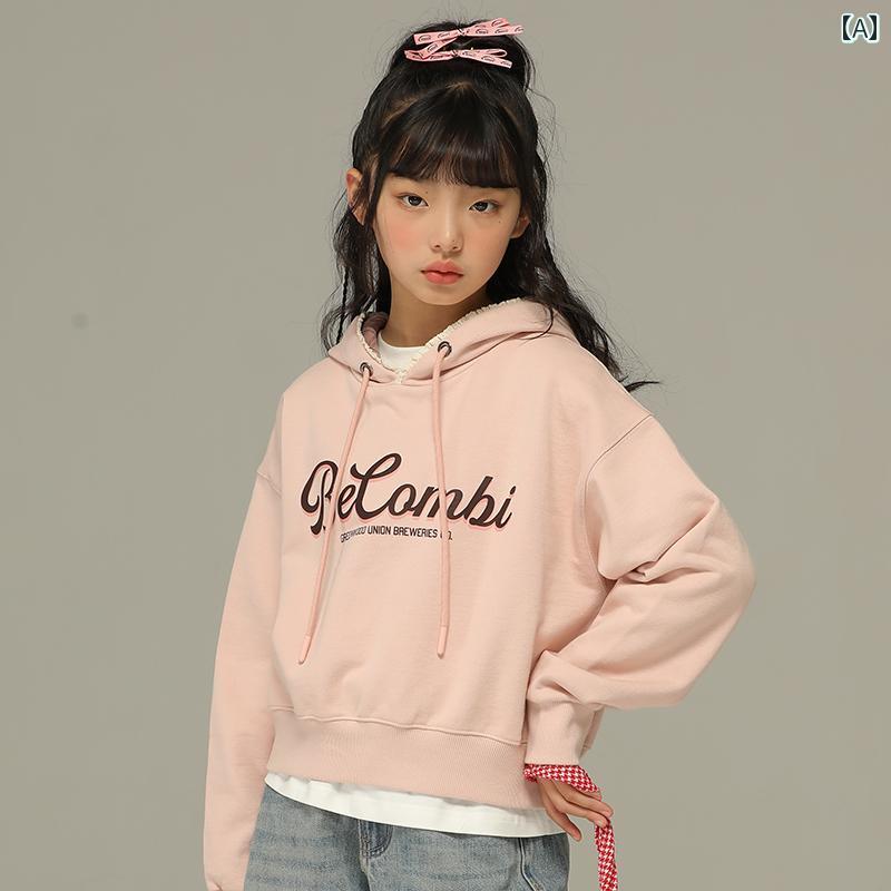 トップス 子供服 おしゃれ ナチュラル 普段着 キッズ 女の子 春秋 ピンク チェック柄 パッチワーク フード付き スウェットシャツ 以上 子供 英語 プリント カジュアル 長袖
