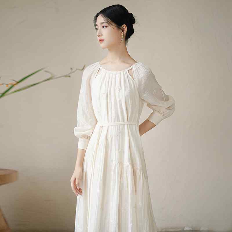 ドレス レディース 秋 冬 長袖 ファッション エスニック 中華風 女性 エレガント ラウンドネック 質感 ティー 女性
