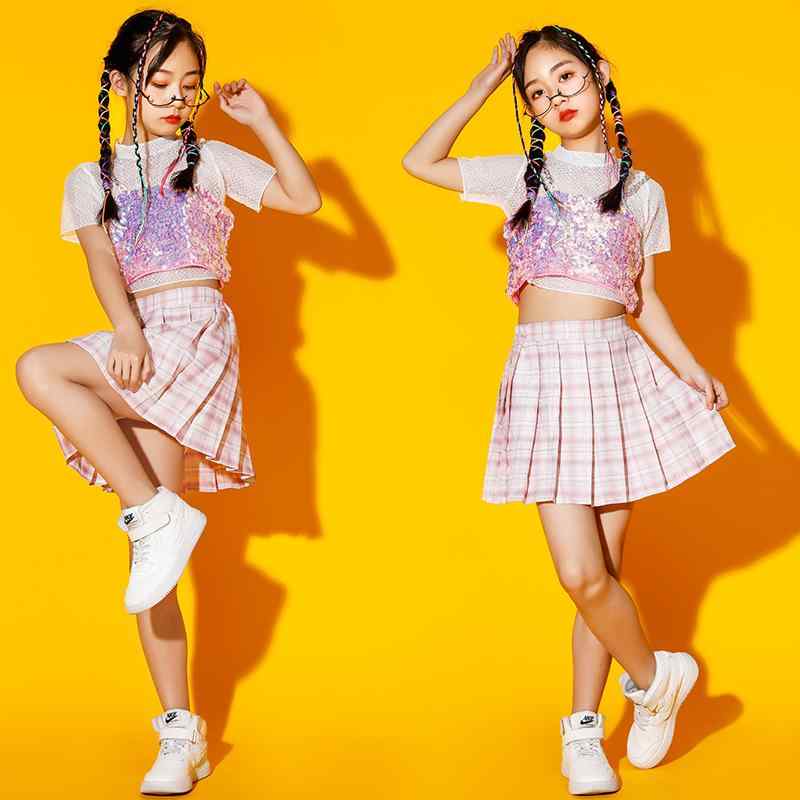 Top & Bottom Sets - 子供服 女の子 Tシャツ へそ出し ミニスカート チアリーディング コスチューム バンド ダンス ヒップホップ パフォーマンス 衣装 セットアップ クール かっこいい キッズ