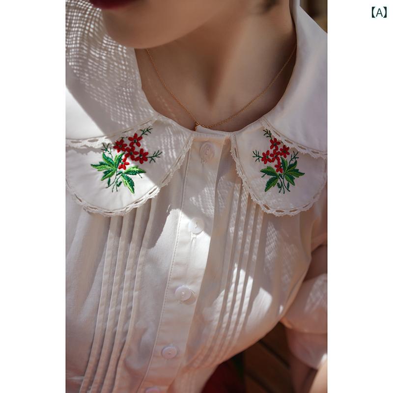 ブラウス シャツ レディース 五分丈 レトロ 丸襟二重襟 花の刺繍 トップス かわいい フェミニン ソフト ヴィンテージ風 クラシカル カジュアル ソフト