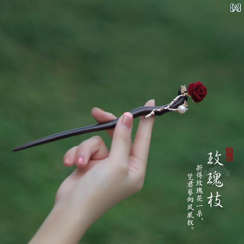 レディース アクセサリー かんざし おしゃれ ヘア 髪留め 中華風 ローズ 子供用 ヘアピン 秋冬 赤 ハイエンド 子供 アンティーク