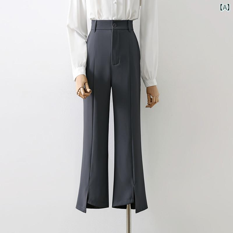Long Pants - パンツ レディース ボトムス 通勤 プロ マイルド スリット スーツ 女性 夏 女性 ハイウエスト 小さい グレー ドレープ 九分丈