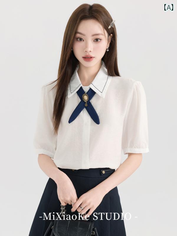 トップス レディース かわいい ポロ襟 夏 半袖 シングルブレスト ボタン リボン 学生 ファッション シャツ ガール アプリコット ホワイト 紺 夏 カジュアル