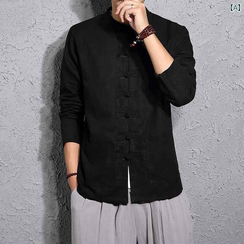 チャイニーズ 春秋 レトロ チャイナ風 中国 ディスク ボタン 紳士服 エスニック コットン リネン 漢服 唐 瞑想 ジャケット メンズ