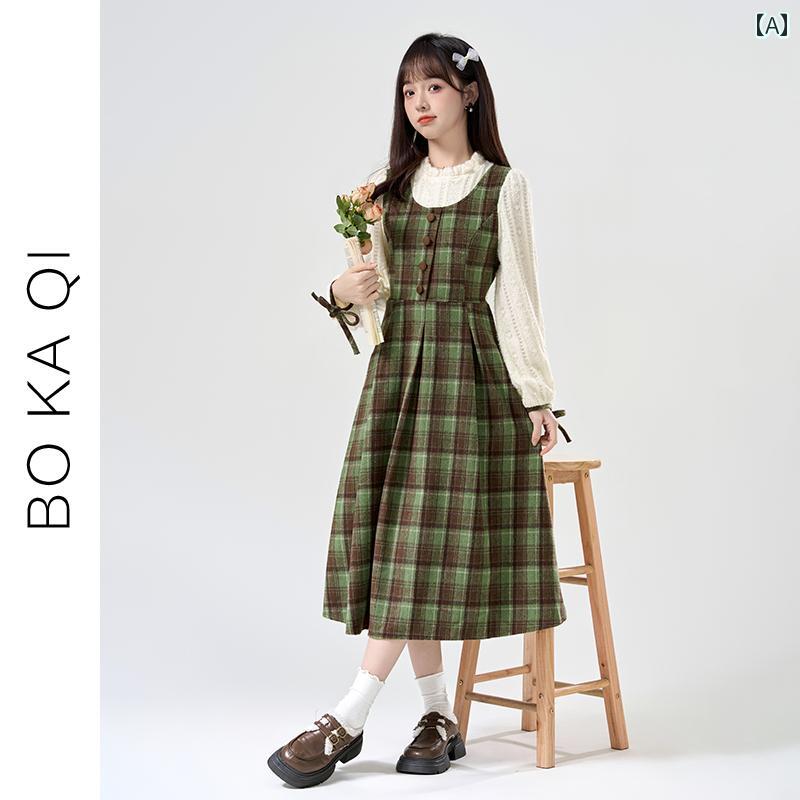 ワンピース きれいめ ガーリー 大人かわいい 秋冬 レトロ チェック柄 フェイク ツーピース 長袖 ドレス 女性 森 小さい ミドル丈 スカ..
