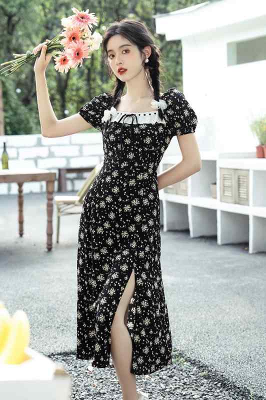 レディース 婦人服 ワンピース ドレス レトロ フリル シフォン 夏 フレンチ スリット 花柄