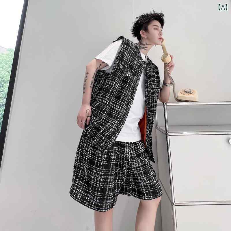 メンズ カジュアル パンツ ベスト ショート サマー スーツ ツーピース セット 小さい フレグランス 紳士服