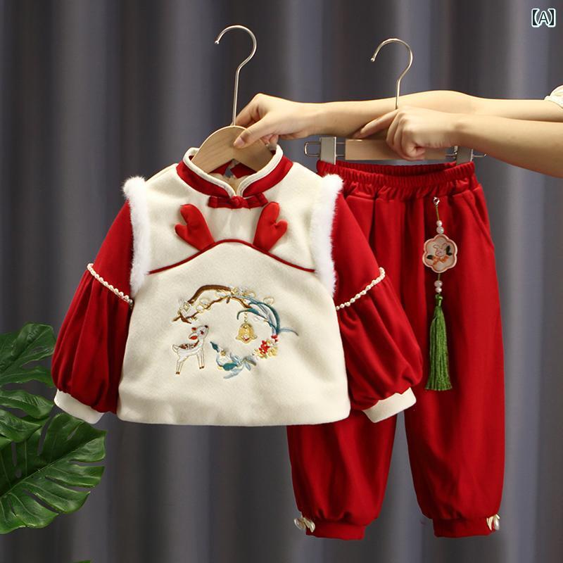 ドレス 女の子 新年 挨拶服 高級 中国 唐 スーツ ベルベット 厚手 子供 赤ちゃん 女の子 正月服 中華風