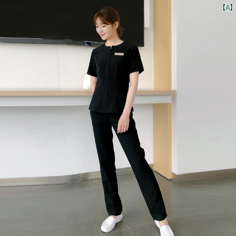 クリニック 制服 レディース 作業着 スリム レディース 半袖 ロングパンツ 技術者 ユニフォーム ペディキュア クリニック フロント 制服 病院 美容