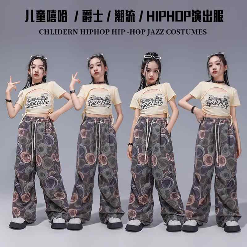 子供服 女の子 Tシャツ へそ出し 薔薇 パンツ 夏 コスチューム バンド ダンス ヒップホップ ストリート系 パフォーマンス 衣装 クール かっこいい キッズ