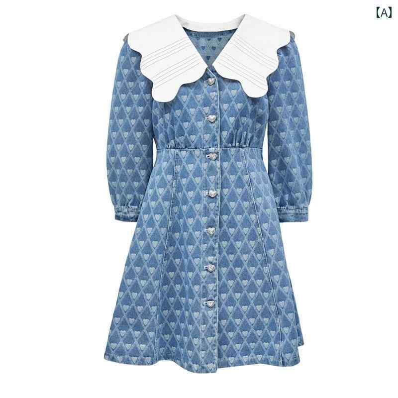 レディース 七分袖フレンチデニム ワンピース Aラインスカート ハイウエスト くびれ 美脚 細見え スタイリッシュ おしゃれ かわいい デート パフォーマンス 衣装 レジャー 旅行 普段着 仕事着 お揃