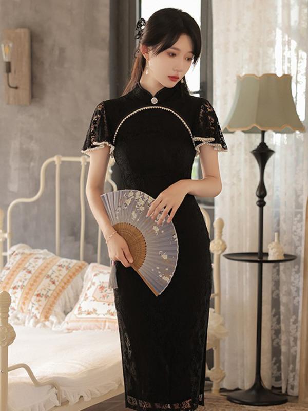 チャイナドレス レディース ブラック レース チャイナ ドレス 少女 夏 レトロ スリム ロースリット