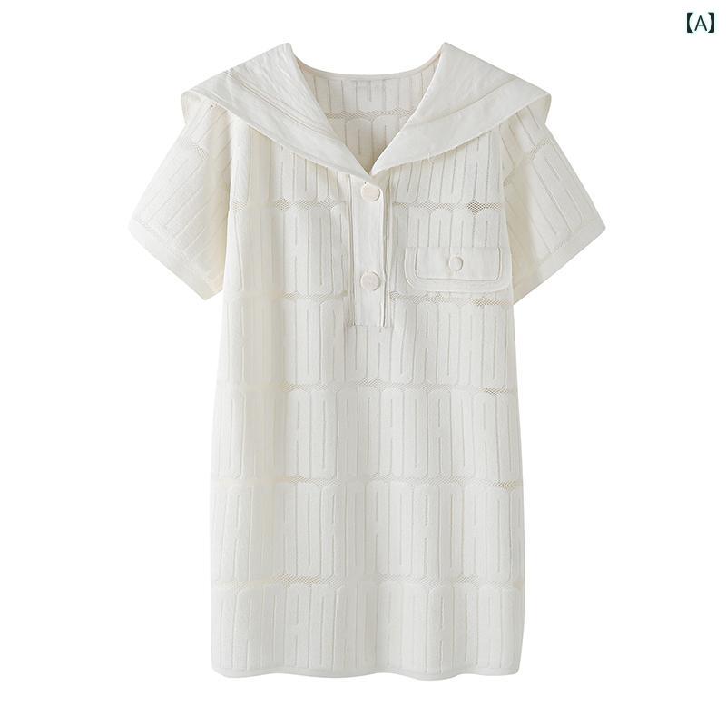 レディース 夏 ファッション スタイル フランス 海軍 襟 サスペンダー ツーピース ニット 半袖 ドレス 小柄 ショート スカート 女性