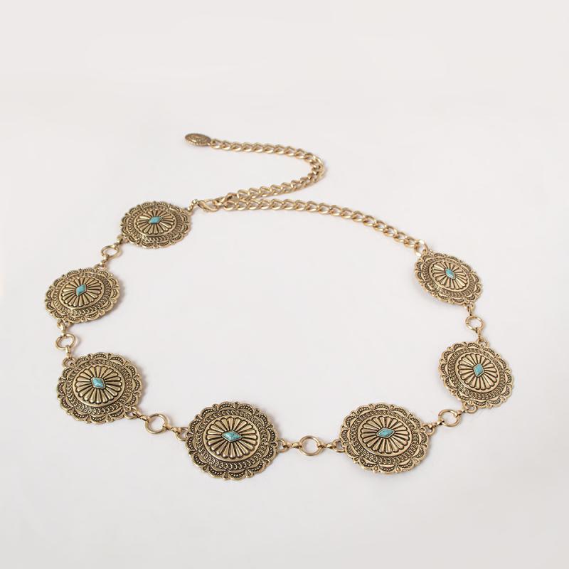 レディース ベルト おしゃれ 西洋風 彫刻 ターコイズ ラウンド 精巧 重 金属 ファッション ウエスト チ..