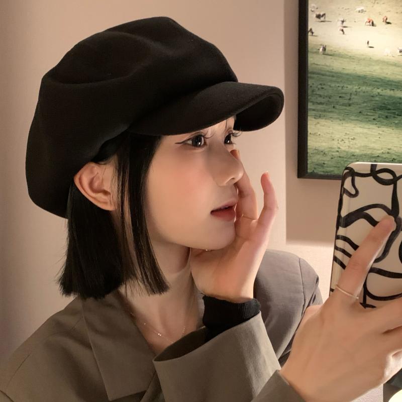 Rakuten - 秋 冬 ベレー 帽 黒 アヒル 舌 女性 ショー 顔 小さい 八角形 帽子 大きい 頭囲 アーティスト 帽子