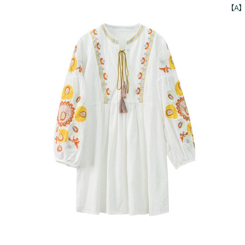 レトロ 休暇 トルコ モロッコ エスニック コットンリネン 刺繍 ベビー ドール ランタン スリーブドレス