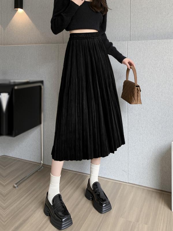 スカート レディース 秋 カジュアル ハイウエスト ドレープ プリーツ レディー スミドル丈 服 マット ベルベット a ライン