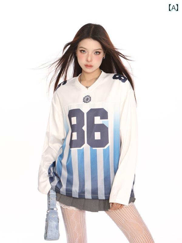 レディース トップス アメリカン ストリート 秋 長袖 Vネック スポーティー クール女子 ユニーク スポーツ観戦 オーバーサイズ ストライプ