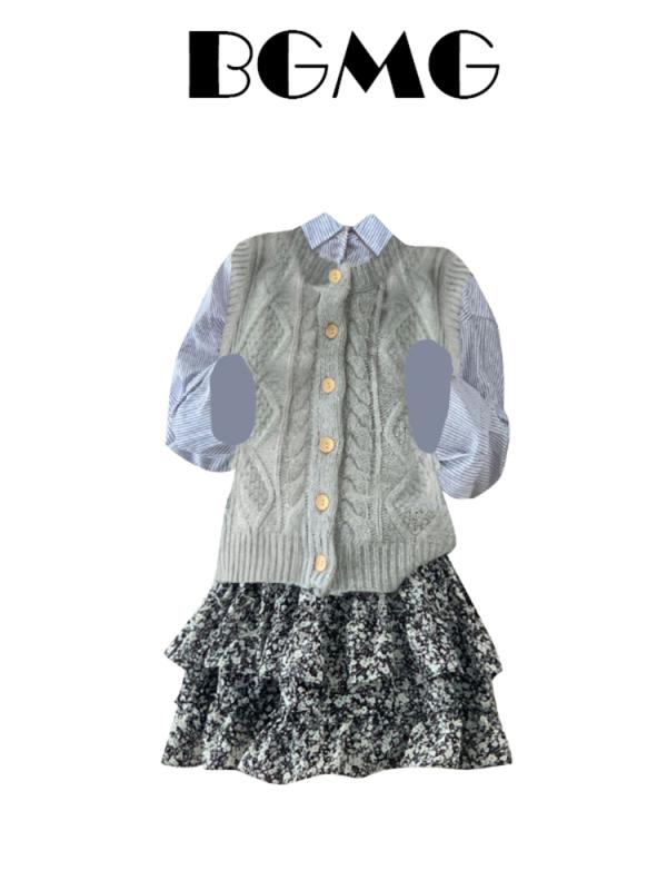 シャツ レディース 秋 ブルー トップス ハイウエスト ハーフ レングス 花柄 3 点 セット