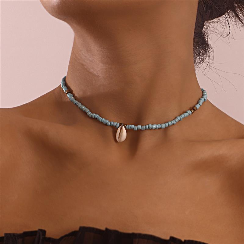 レディース ネックレス アクセサリー チェーン エスニック リゾート ビーチ 水着 海水浴 ビキニ アクセ アメリカン ショート ターコイズ ライス ビーズ シェル ペンダント ジュエリービーズ 鎖骨