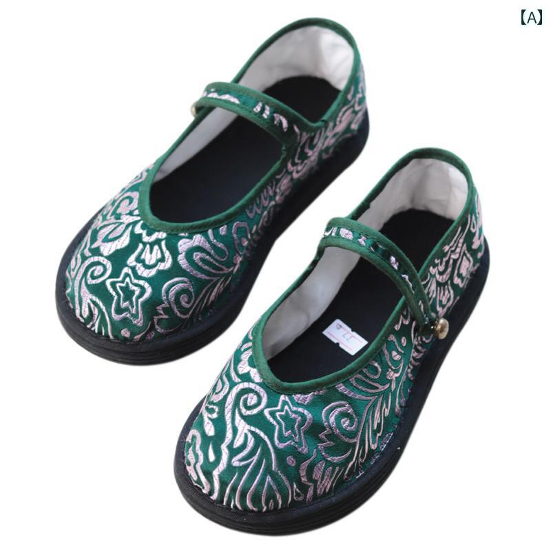 レディース パンプス おしゃれ メリージェーン ミル レイヤー 生地 女性用 靴 手織り ソール ワンピース バックル 浅い口 緑 ブロケード ラウンドトゥ