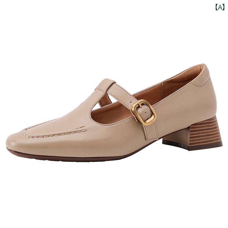 レディース パンプス レザー レトロ T ストラップ メアリージェーン シューズ 革 スクエアトゥ 浅い口 厚手 ヒール シングル 女性 小さい 革靴