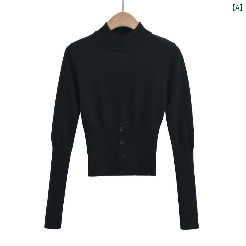 Turtleneck - セーター レディース アメリカン ハーフ タートルネック プルオーバー 長袖 セーター 内側 外側 可能 裾 ボタン 装飾 ウエスト セーター