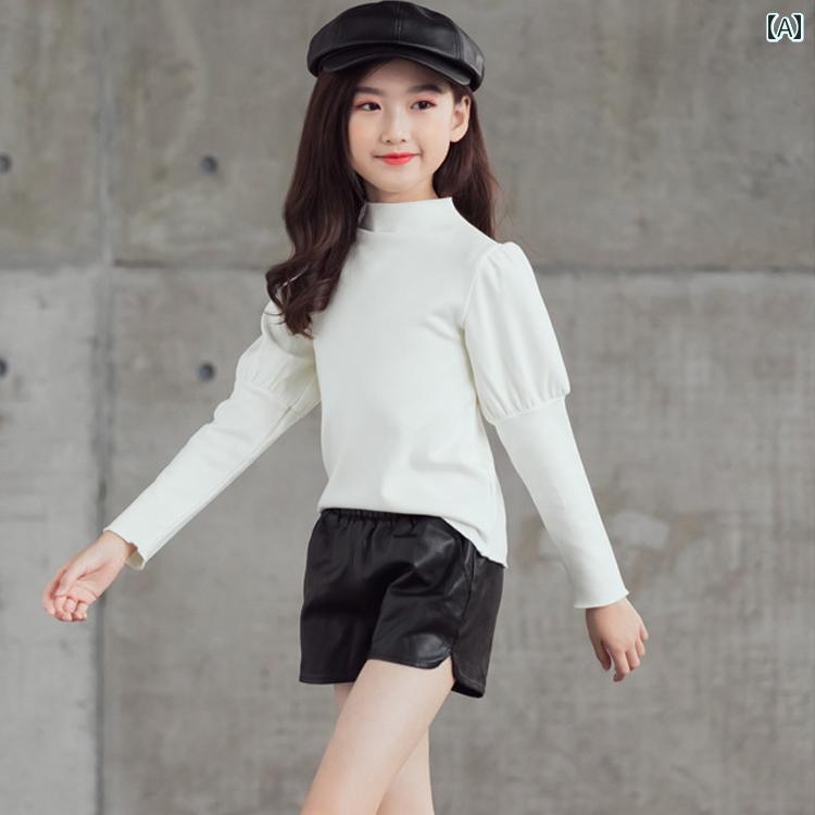 女の子 ガールズ ハーフ タートル カラー シャツ ベルベット パフスリーブ 春秋 子供用 厚手 洋風 長袖 インナートップス