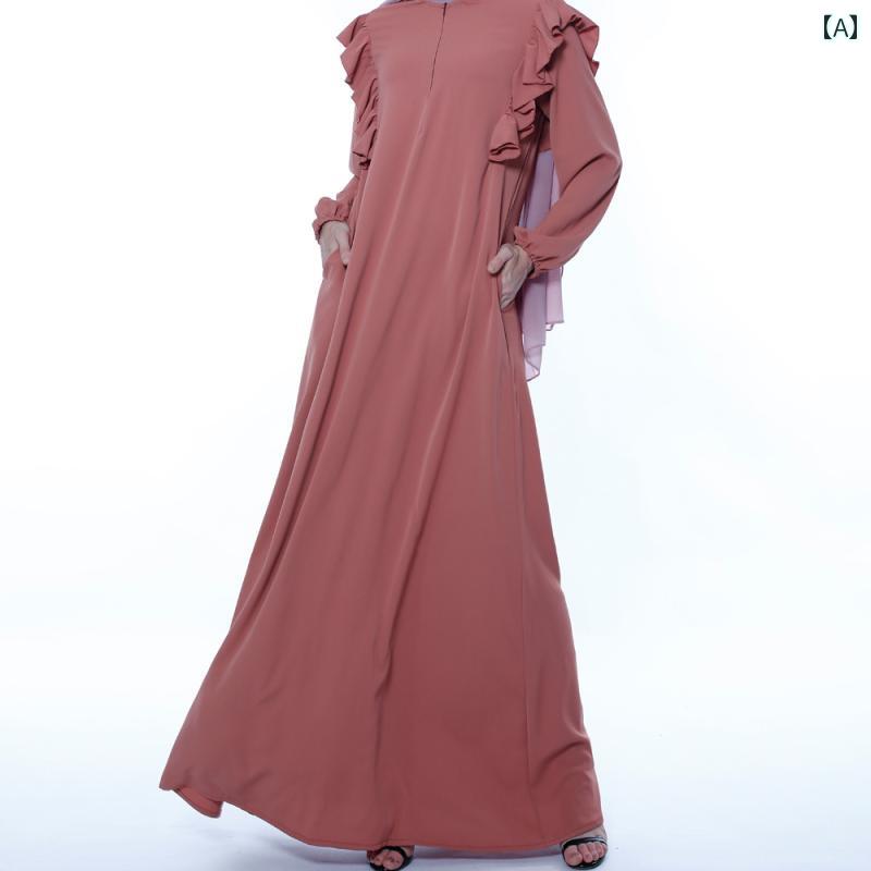 カジュアル エスニック ドレス ワンピース エクストラ ロング ヘム フロント ジッパー 大きいサイズ 中東 ラウンドネック パフスリーブドレス