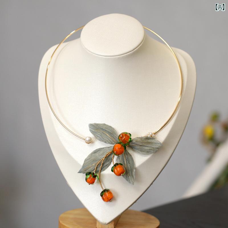 レディース ネックレス ハイエンド レトロ 小さい 柿 生地 リーフ カラー ネック