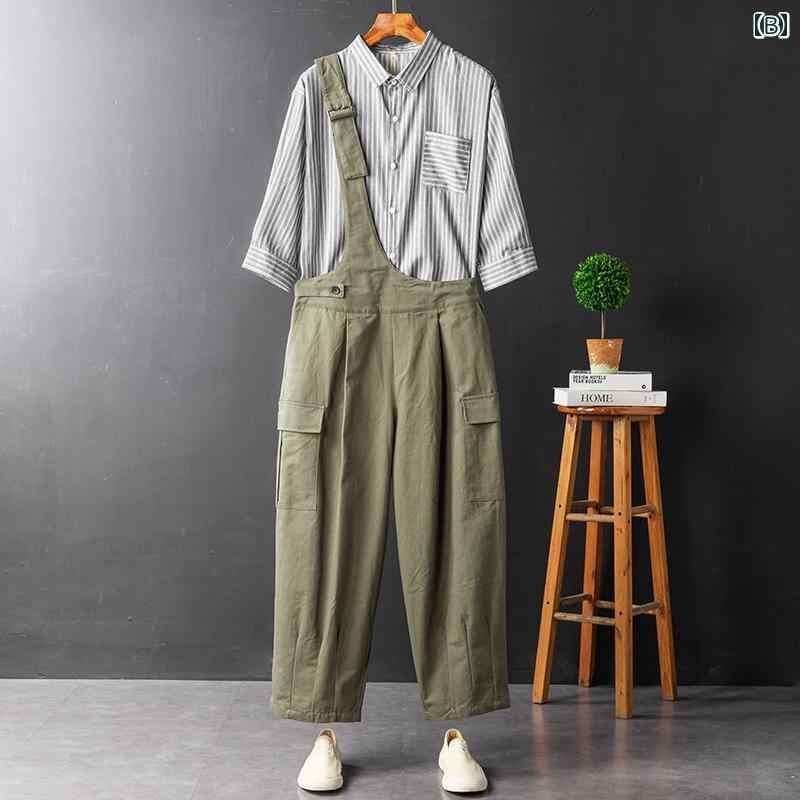 パンツ オーバーオール サロペット おしゃれ 作業着 メンズ アミ カーキ レトロ 片面 ワンショルダー ストレート 九分丈