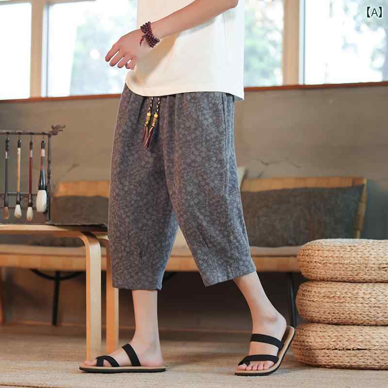 Rakuten - メンズ カジュアル パンツ ズボン ゆったり サマー 快適 中華風 クロップド リネン ショート 薄手 ビーチ ジャカード ストレート コットンリネン