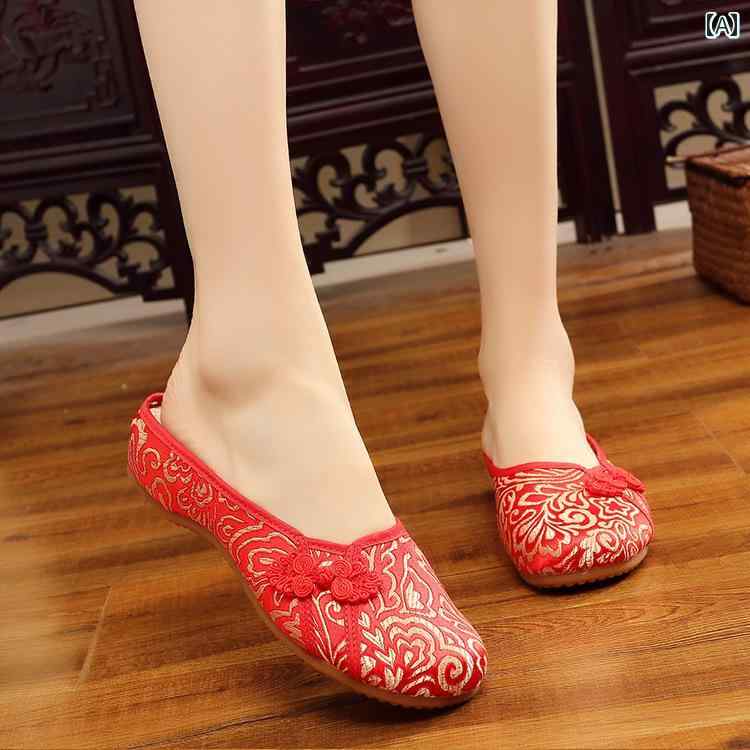 レディース 夏 ミュール フラット おしゃれ 婦人靴 スリッパ 履きやすい 古風 布靴 刺繍 女性 エスニッ..