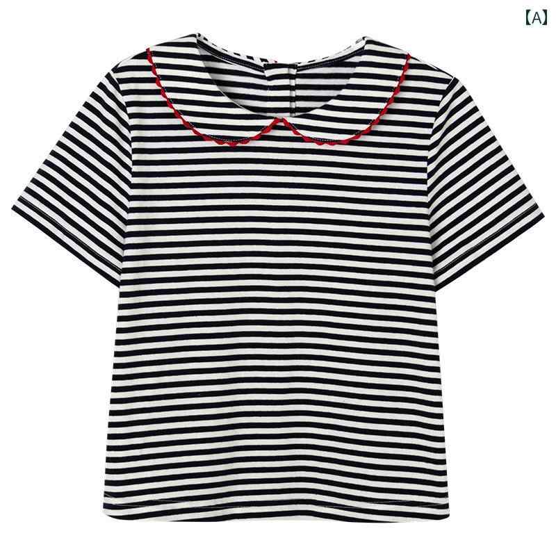 トップス Tシャツ キッズ おしゃれ ナチュラル 通知 女の子 夏 半袖 薄手 レース 襟 子供 ストライプ 女の子
