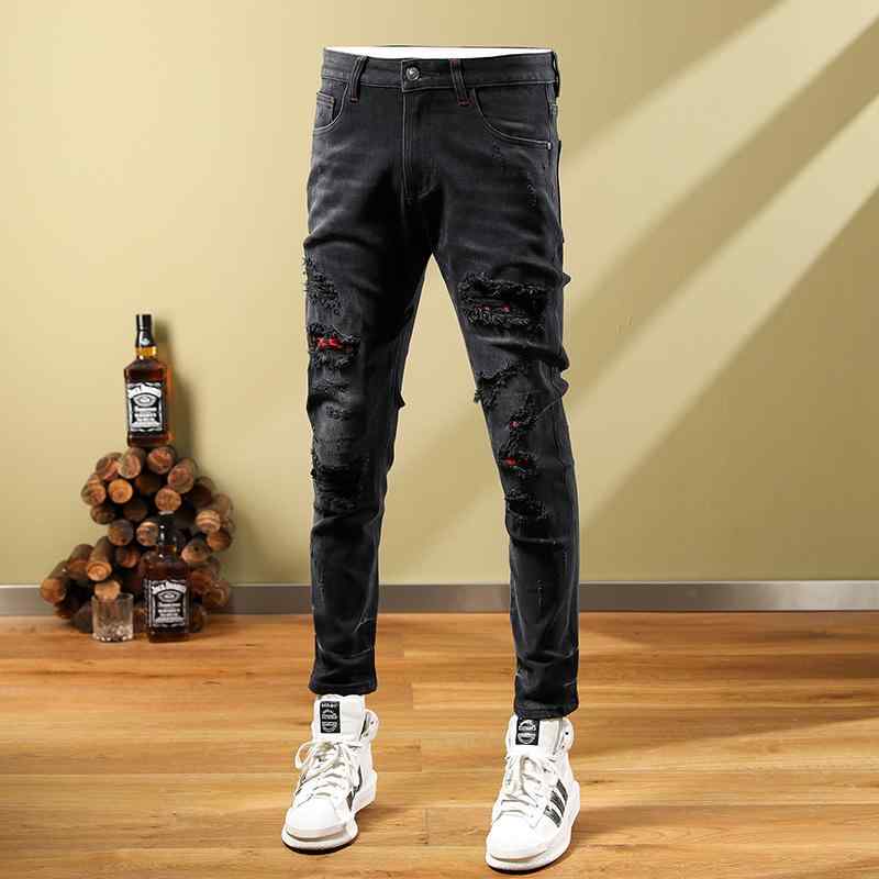 パンツ デニム メンズ ボトムス アウトドア ズボン 春秋 アメリカ 男性用 ジーンズ カジュアル スリムフィット 男性用 伸縮性 アウトドア ズボン ブラック ホール パッチ