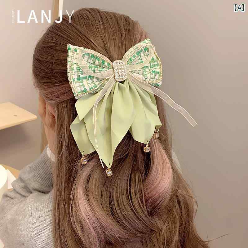 ビッグ リボン バレッタ ヘアクリップ グリッパー 韓国 レース サテン リボン ビジュー キラキラ ヘアピン バック パール ラインストーン 小顔効果 緑 レディース おしゃれ 上品 かわいい