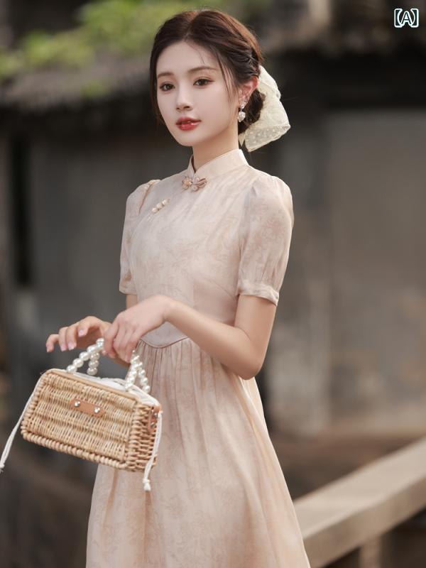 チャイナ ドレス エレガント ワンピース 優しい ジャカード 秋 中華風 女子 ボタン プリント