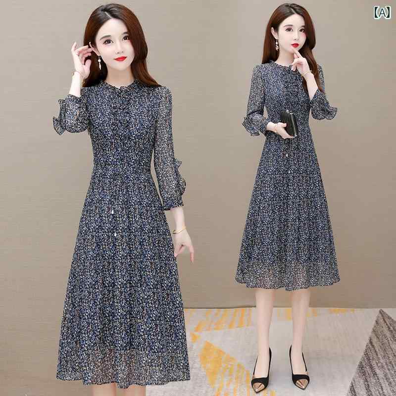 ワンピース レディース シフォン 長袖 ドレス 春夏秋 おしゃれ マザー 花柄 スカート 韓国 ハイウエスト