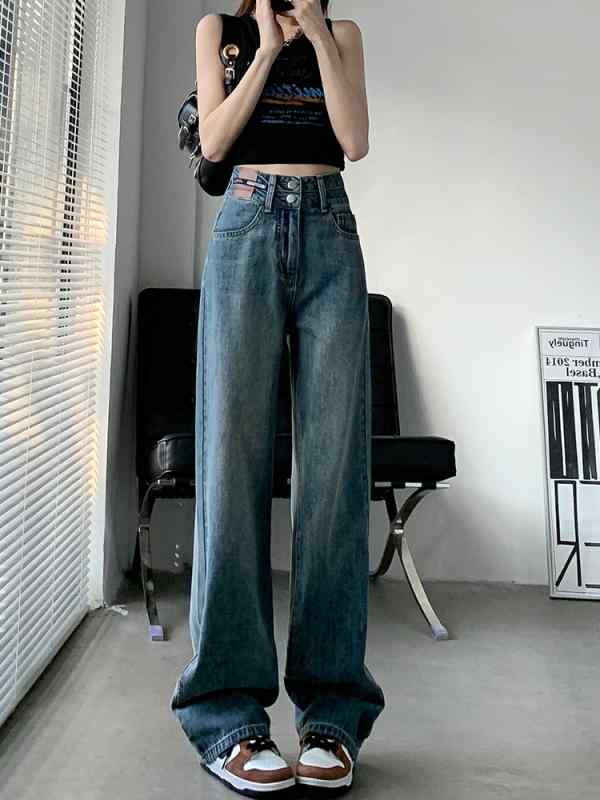 Straight Jeans - ジーンズ デニムパンツ カジュアル レディース レトロ ストレート 春 ハイウエスト スリム ドレープ ワイドレッグ フロアレングスパンツ ウォッシュ加工