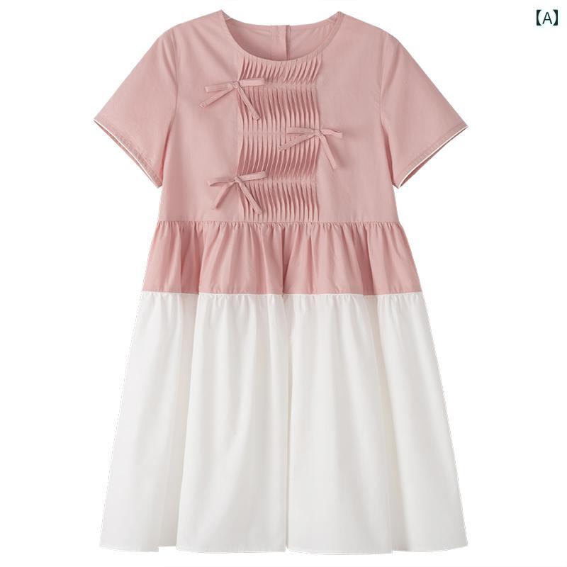 ドレス スカート ワンピース キッズ かわいい ナチュラル 子供服 ピンク 白 スプライシング 子供 夏 綿 サマー 女の子 半袖 薄手