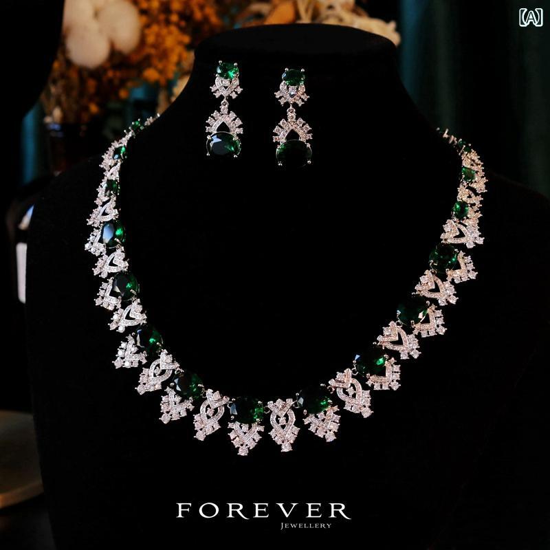 エメラルド ネックレス ピアス 2点セット ゴージャス ブライダル デート ディナー レディース ウェディング レトロ アクセサリー 韓国 エレガント