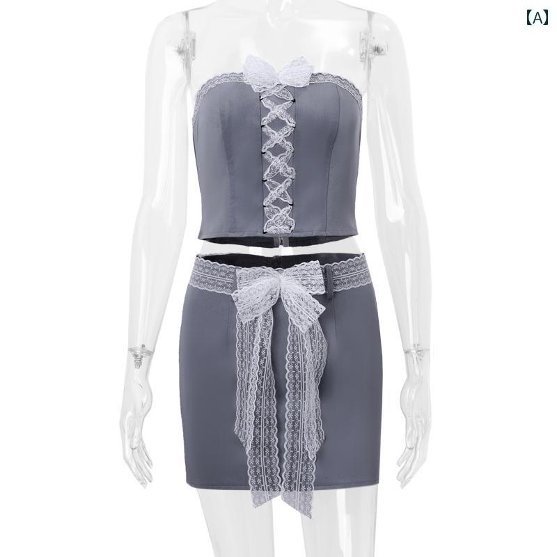 レディース レースアップチューブトップ ミニタイトスカート セット バタフライリボン セクシー オシャレ かわいい お腹見せ くびれ 細見え スタイリッシュ イベント フェス パーティー パフォーマンス ステージ衣装 クラブ 夜 映え