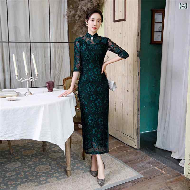 チャイナドレス エレガント おしゃれ レトロ ワンピース ロング 七分袖 デイリー パフォーマンス 大きいサイズ 二層 スタンドカラー スリム ドレス