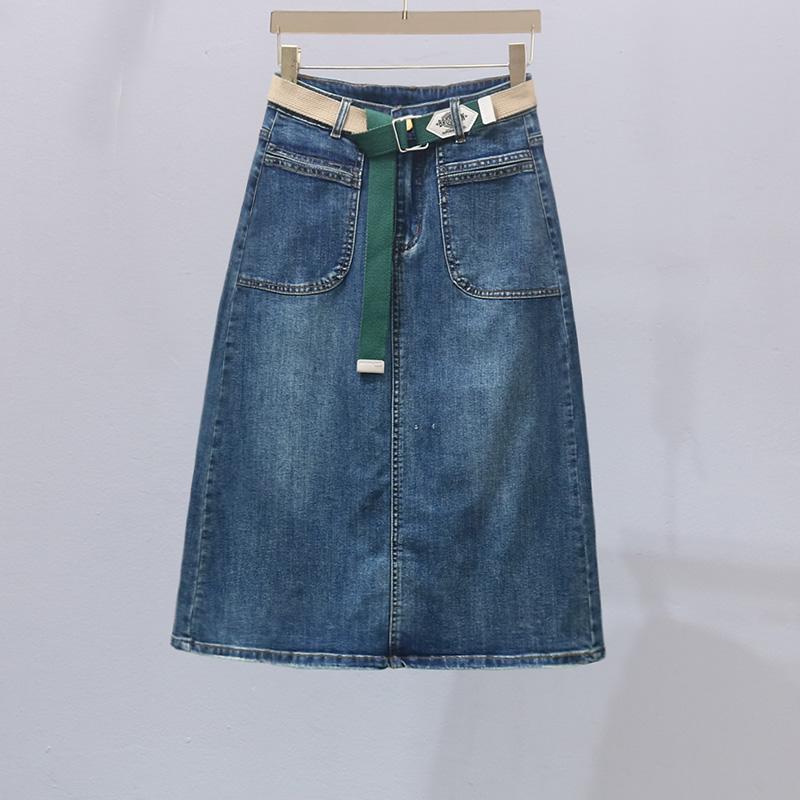 スカート デニムスカート レディース カジュアル ボトムス スタイリッシュ 秋 ブルー ポケット a ライン ミドル丈 スリム 女性