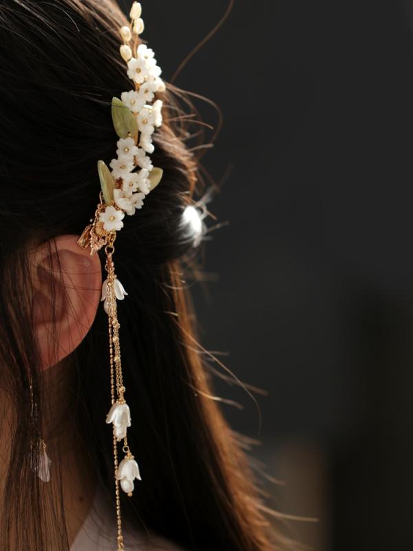 さわやか ヘアピン サイドクリップ 白 茶 サイド タッセル クリップ レトロ チャイナドレス 韓服 アクセサリー デイリースカート レディース