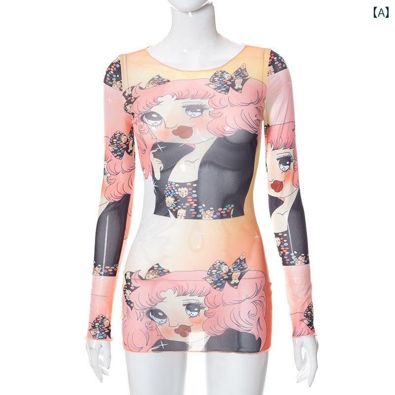 シャツ トップス レディース サブカルチャー Y2K ミレニアム ホット ガール ヤ ビ 子供っぽい 花 フェアリー プリント 弾性 メッシュ 長袖 カバード ...