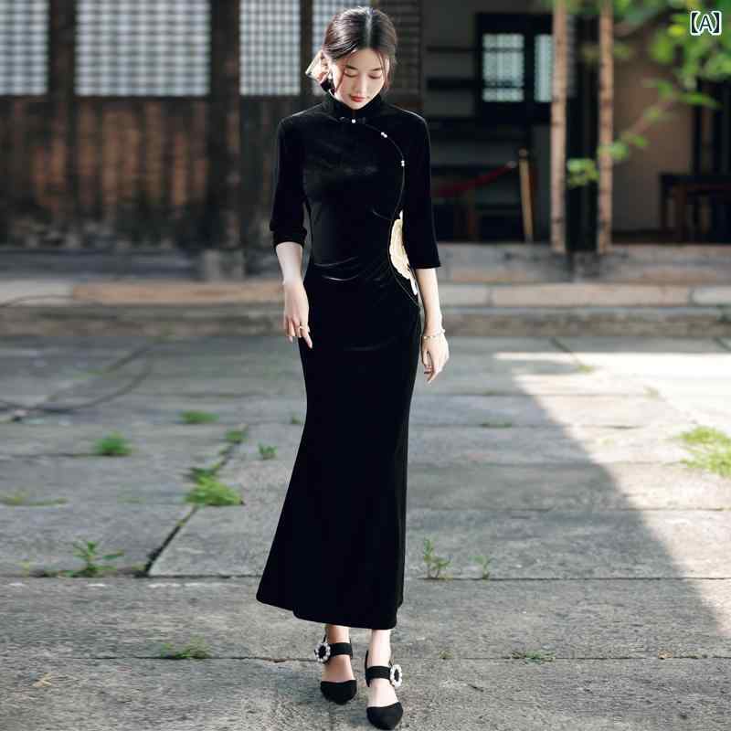 レディース チャイナ ドレス エレガント ワンピース 撮影 衣装 ロング フィッシュ テール 中華風 レトロ パフォーマンス キャットウォーク ハイエンド